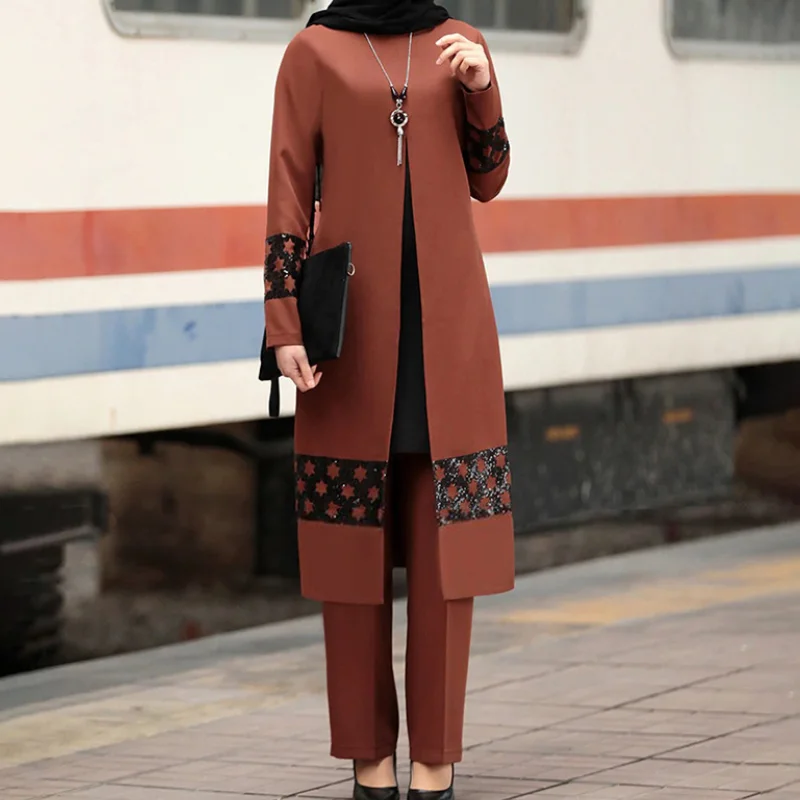 

New Elegant Islamic Clothing Muslim Women Long Sleeve Tunic Pants Dubai Abaya 2 Piece Suit Muslim Dress Islamic Clothing