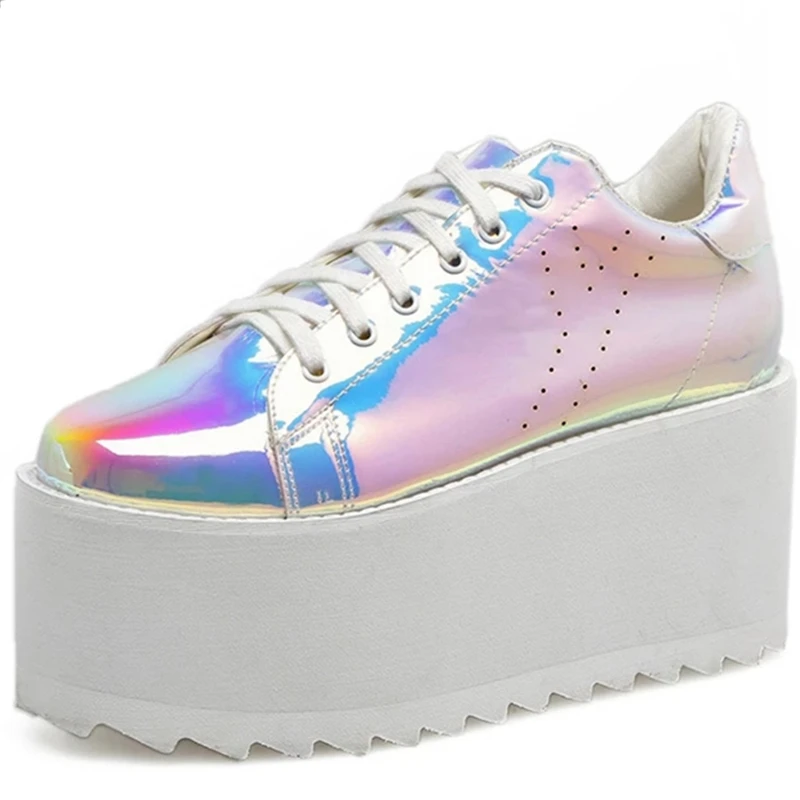 

2021 Women's White Shoes Sneankers Super High Heel 2019 Bling Lolita White Shoes Casual Lady Sliver Sneakers Platform Flat