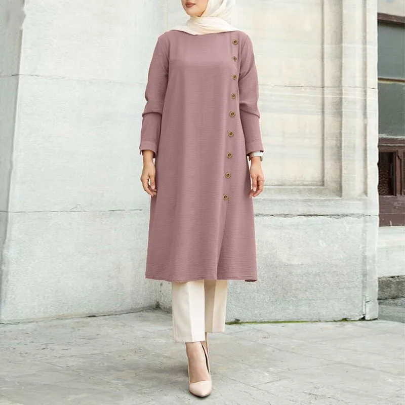 

IDS tunic tops muslim clothes casual long sleeve buttons shirt dress long tops for muslim woman, Picture color