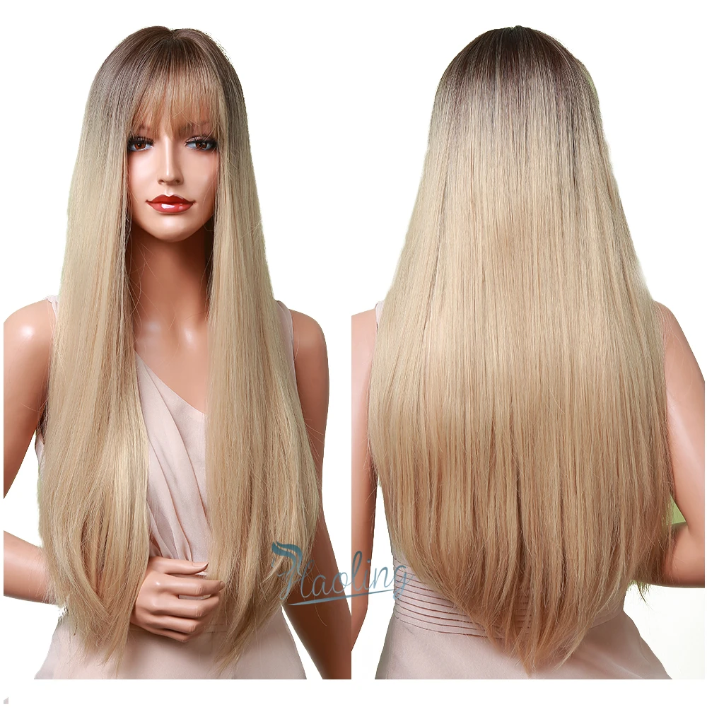 

HAOLING OEM/ODM Long Silk Straight Wigs Ombre Brown Golden Synthetic Wigs with Bangs for Women wig with artificial hair, Gold brown