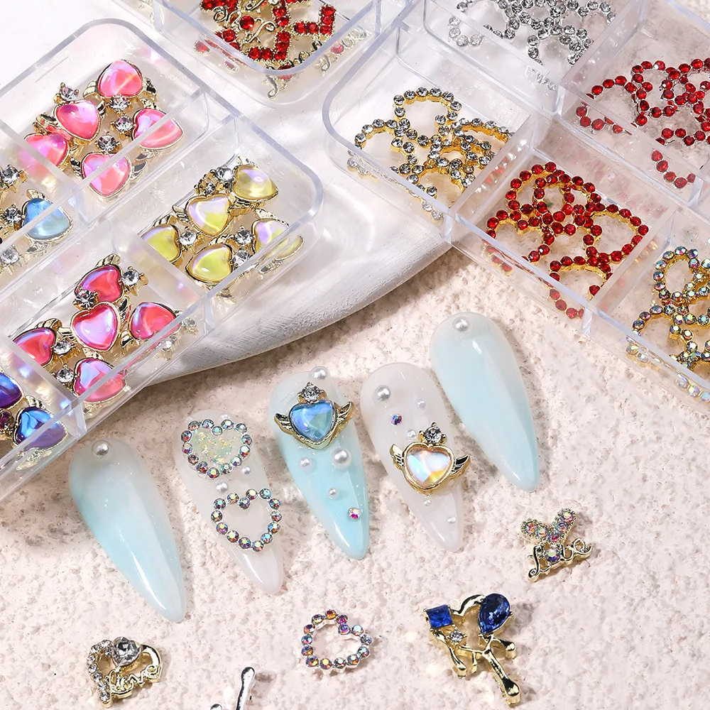 

2023 new Wholesale 6 grid box packing 3D Art Decoration love Heart Metal Alloy Rhinestone nail Charms Jewelry gems packing sets