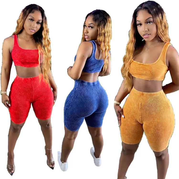 

Trendy Ladies Tracksuit Tank Top Elasticity Shorts Rib Knit Summer Yoga Gym Women Two Piece Set, Picture