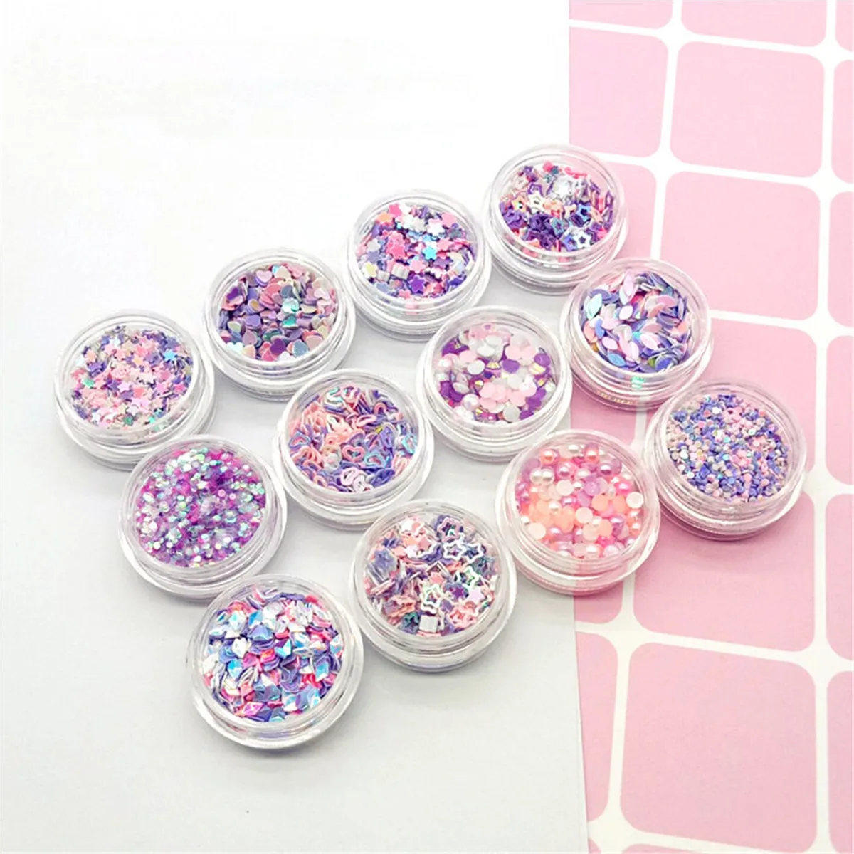 

12 Box Nail Art Glitter Dust Sequins Pink Purple Mix Love Star Dot Decoration Nails Paillette Flakes Eyes Makeup Accessories, Picture