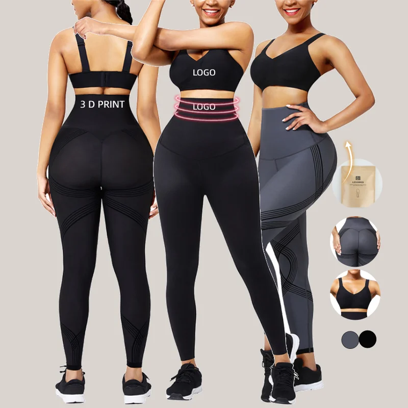 

custom logo slimming tummy control high waist trainer leggings and bra two piece yoga set 3d printed yoga Wear