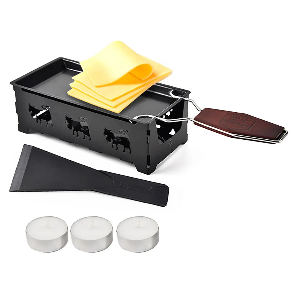 

Cheese Melt Pan Portable Foldable Non-Stick Candlelight Cheese Raclette Pan with Spatula and Wood Handle, Black,red