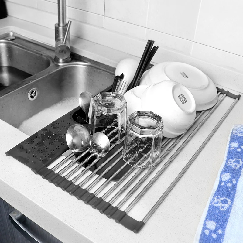 

Roll Up Dish Drying Rack with Utensil Holder Over the Sink 304 Stainless Steel Dish Drainer