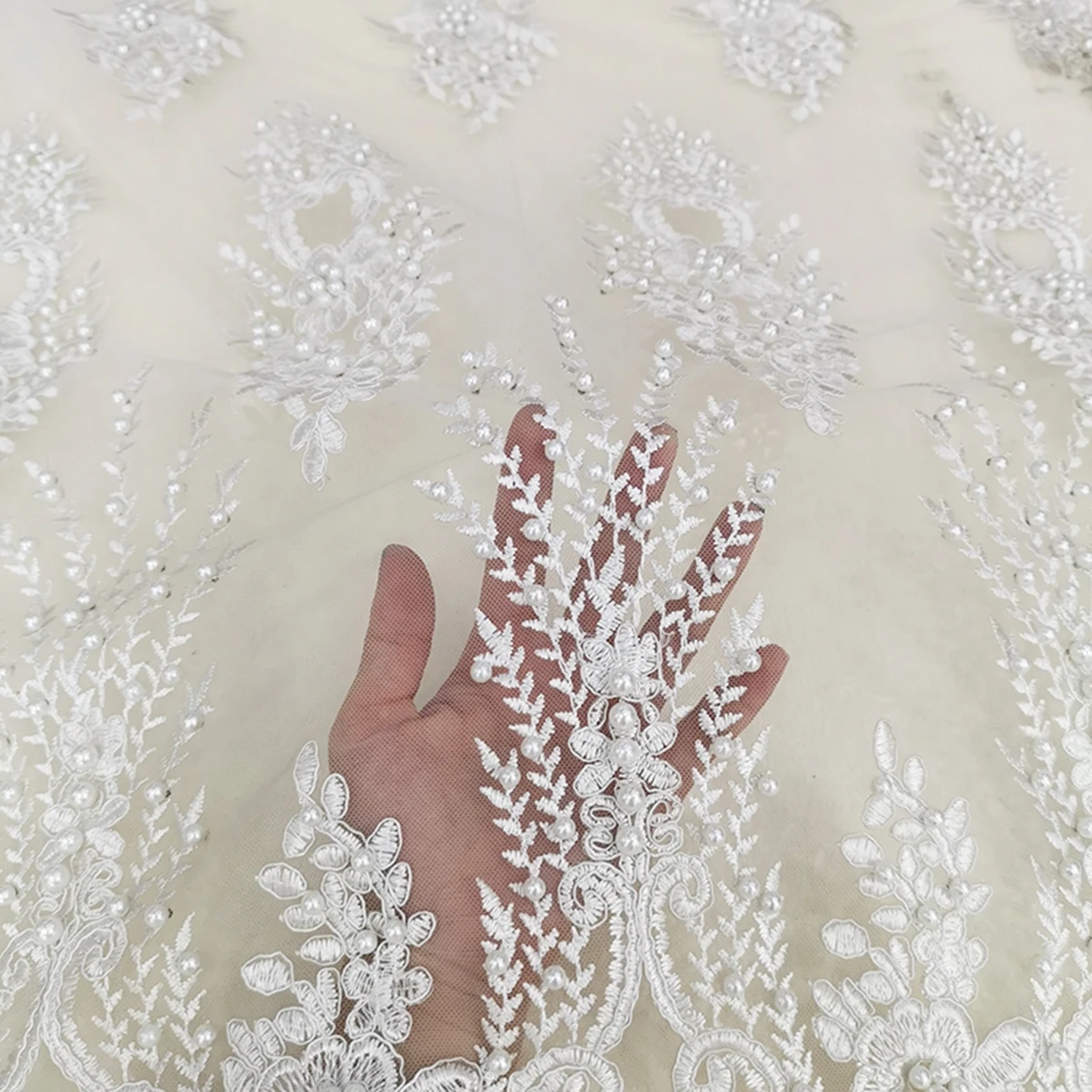 

Wholesale Embroidery Beaded White Guipure Bridal Lace Fabric For Wedding Gown Heavy Handwork Mesh Tulle Custom Clothing Textiles, White, pink, customized