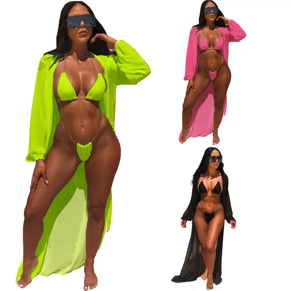 

10222-SW41 Solid color sexy summer long coat 3 piece bikinis woman swimwear sehe fashion, 3 colors