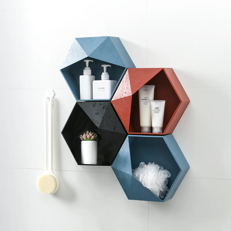 

Wall-Mounted Storage Rack Geometric Punch-Free Wall Bathroom Shelf Living Room Decoration Hexagon Storage Rack