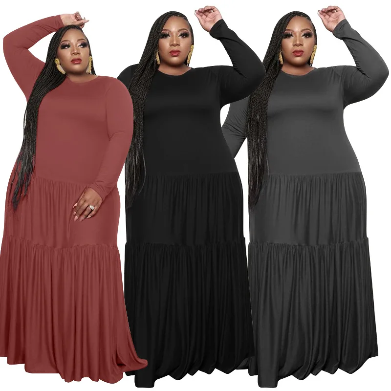 

Cheap Plain Color Summer Loose 2021 Plus Size Pleated Fat Women Plus Size Long Sleeve Maxi Dress