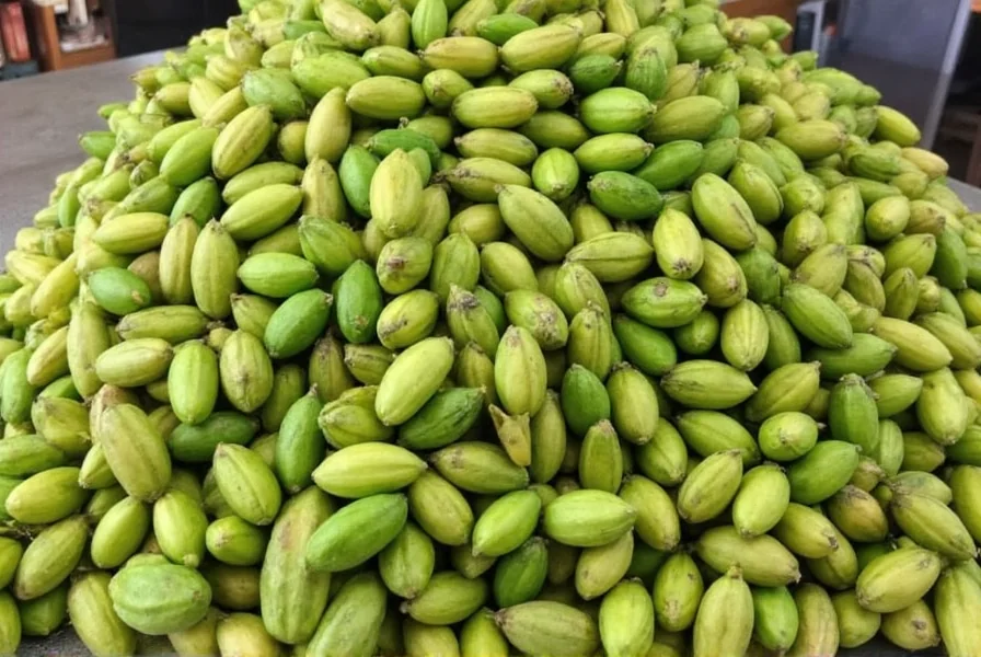 Close-up of different cardamom varieties with measuring spoon for scale, showing green, black, and white cardamom pods