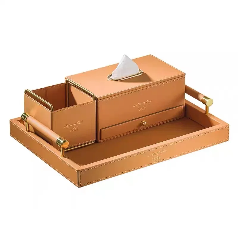 

Luxury and elegant home home artificial leather shiny metal handle storage tray tissue box storage basket