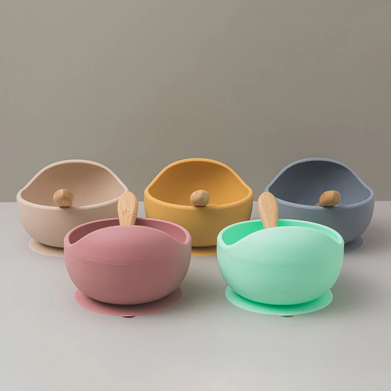 

Baby Silicone Feeding Set Wooden Spoon Suction Bowl Baby Plate Kids Toddler Assist Tableware BPA Free High Quality Silicone