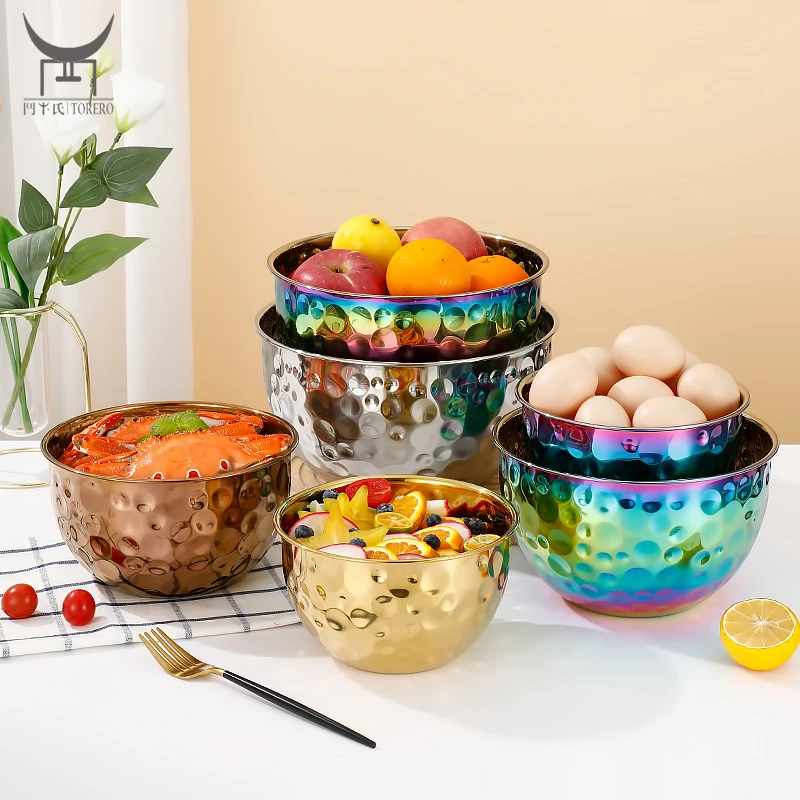 

Stainless steel mixing bowls plated colorful gold black silver multipurpose serving bowl decoration hammered salad bowl set