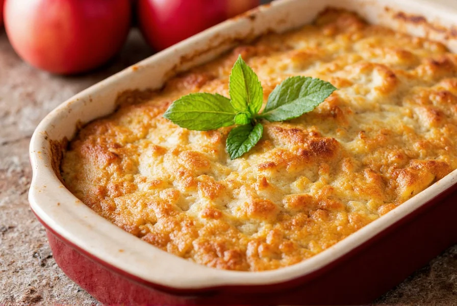 Perfect baked apple cinnamon dessert with golden brown topping and fresh mint garnish in ceramic dish