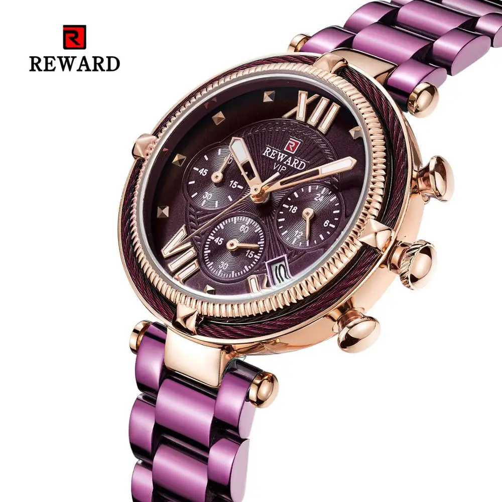 

REWARD RD63084L new style purple female quartz watch latest Stainless steel band 24 hour Luminous date display Casual wristwatch