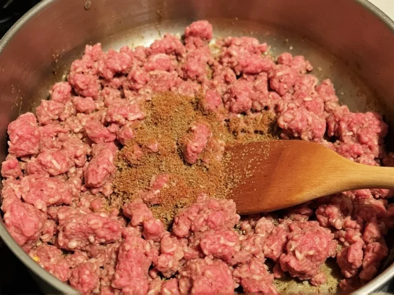 Browning ground beef and spices for chili mac