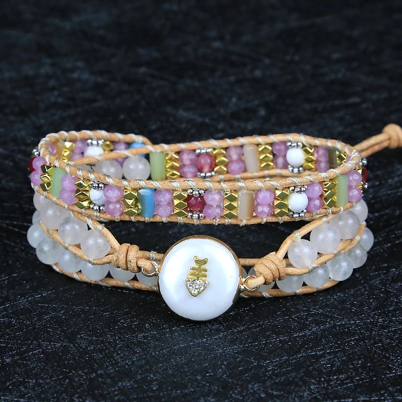 

2021 fancy Feminine fish with Pearl round shape charm leather Bracelet Boho style lovers friendship Jewelry Drop shipping