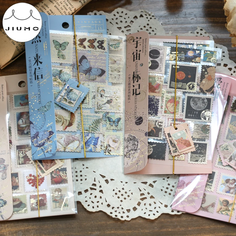 

4 Designs Hot Stamping Retro Post Office Series Flat Sheet Sticker Handbook DIY Decorative Collage Material Stickers JIUMO