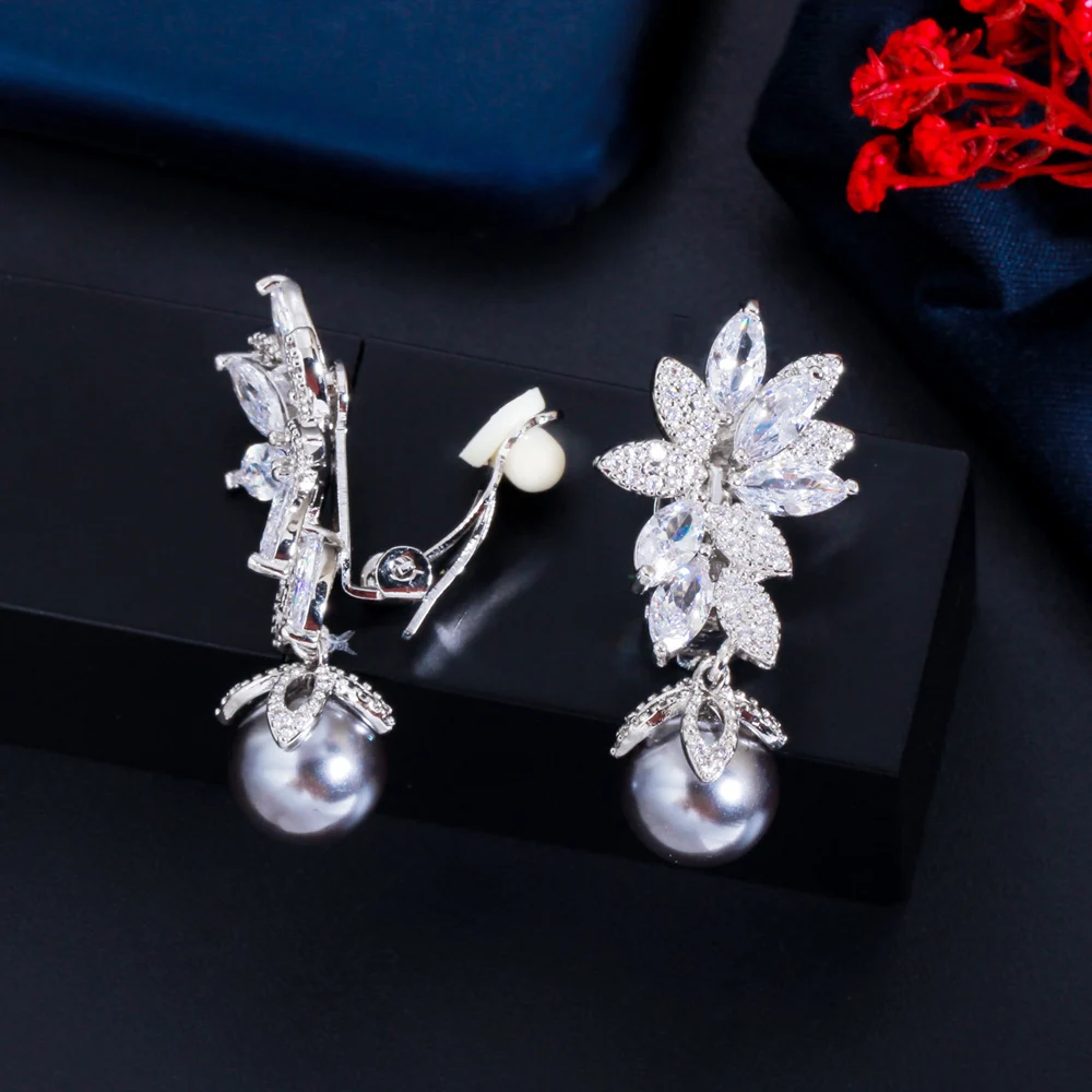 No Hole Earring Cubic Zirconia Long Flower Gray Pearl Clip on Women Wedding Party Earrings Without Piercing