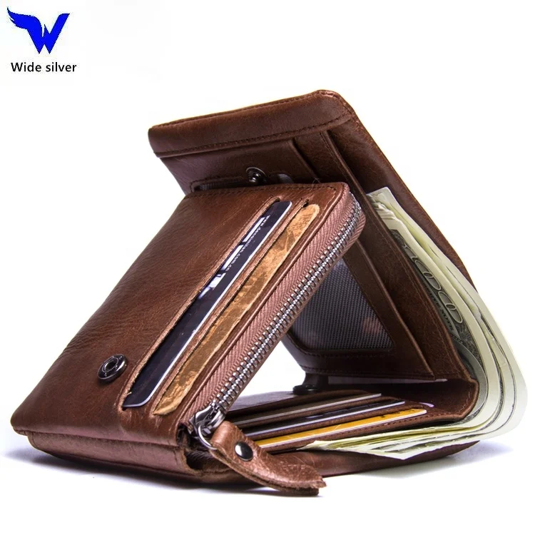 

Factory Wholesale Crazy Horse Leather Trifold RFID Blocking Zipper Pocket Genuine Leather Coin Card Men Purse, Coffee or customized