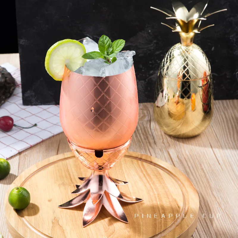 

stainless steel rose gold bar cocktail wine tumbler mug pineapple cup with straw, Customized colors acceptable