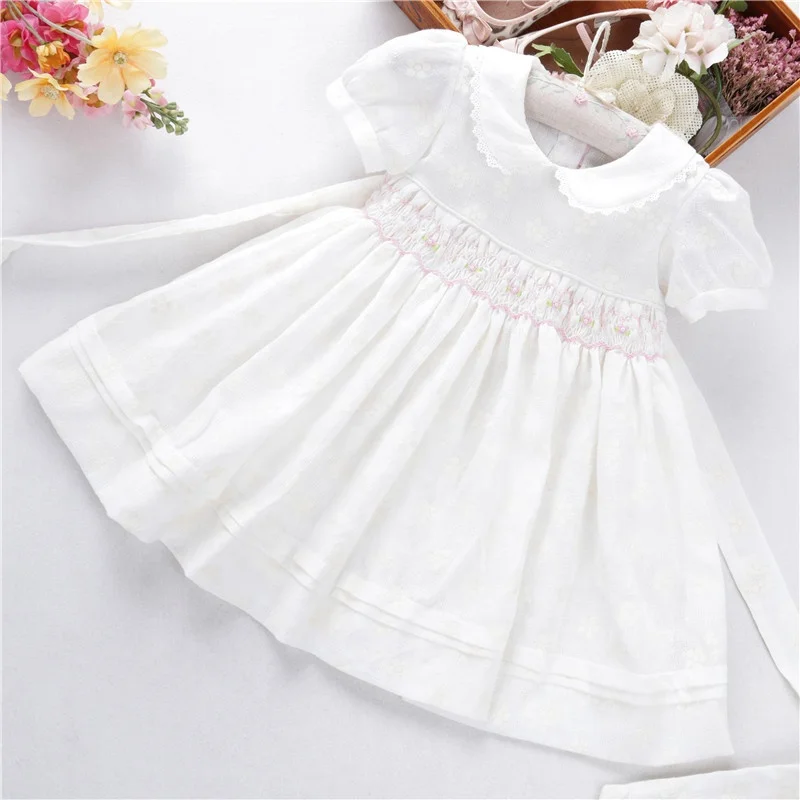 

B0428163 white girls' dresses smocking summer baby clothes cotton kids dress wholesale children clothing boutiques