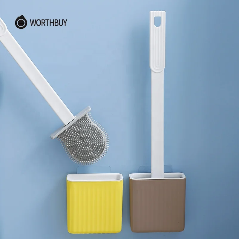 

WORTHBUY Wall-Mounted Flexible Head Bathroom Cleaning Brush Set Plastic Toilet Bowl Brush and Holder with Silicone Bristles, Grey, brown, yellow