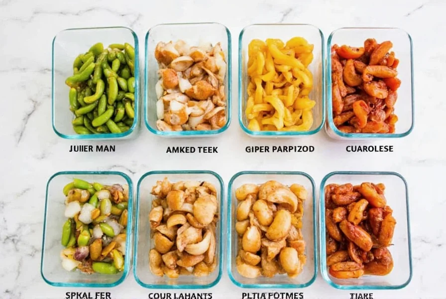 Glass containers with prepared pepper and onion mixtures in various stages from raw to caramelized, labeled with storage dates