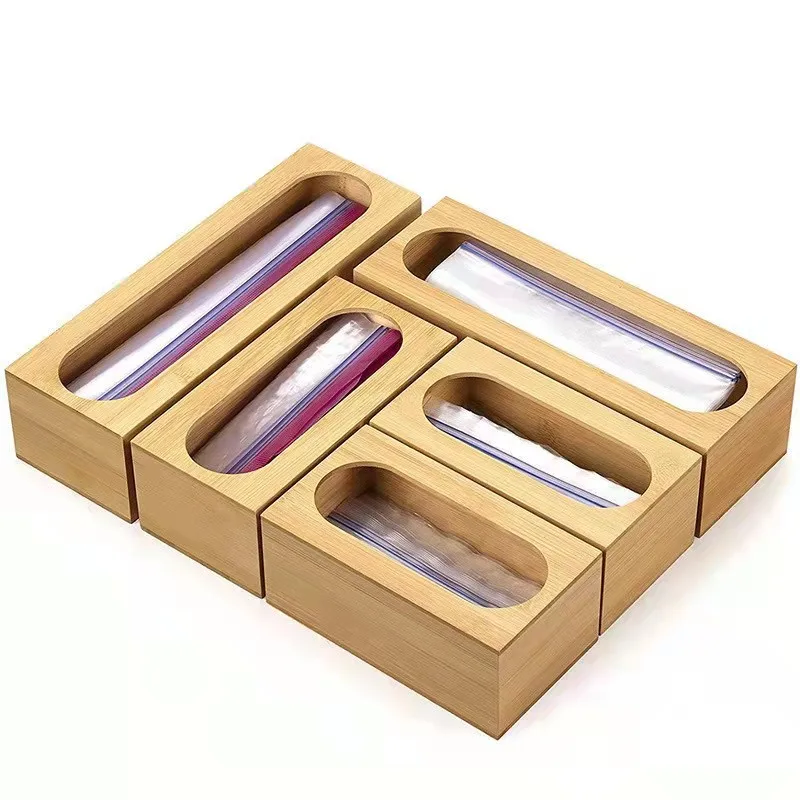 

RAYBIN wood wooden bamboo sandwich ziplock bag storage organizer box silicone acacia and dispenser for kitchen desk drawer