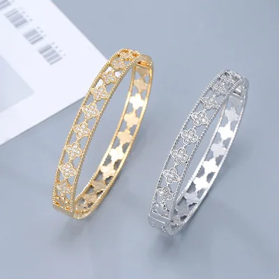 

Famous branded inspired designer bangle crystal zircon four leaf clover bracelet rings for women gold plated jewelry