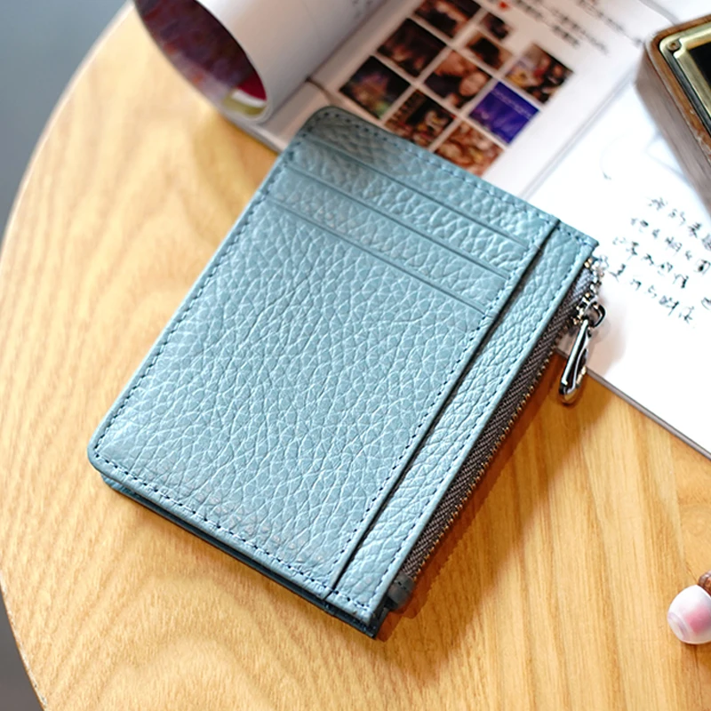 

Zipper business card holder wallet genuine pebble leather wallet credit card holder, Black ,burgundy , nude or custom