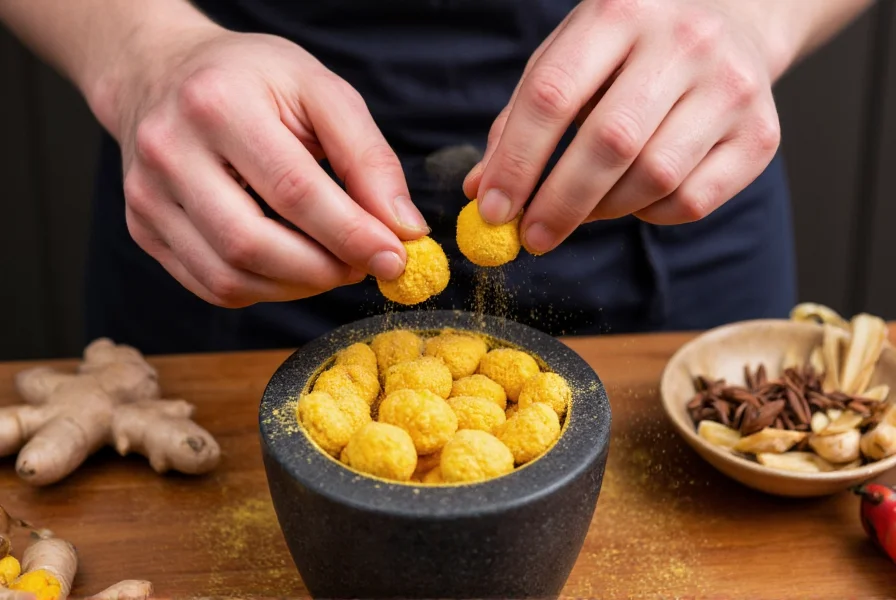 Chef's hands using a mortar and pestle to crush ginger lollipops into fine powder, with ginger root and other spices in the background