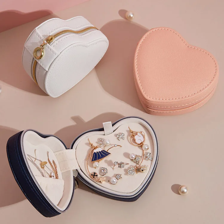 

Portable Heart Shape Necklace Earings Rings Jewelry Organizers Mini Storage Case Travel Gift Pu Jewelry Box, Customized color