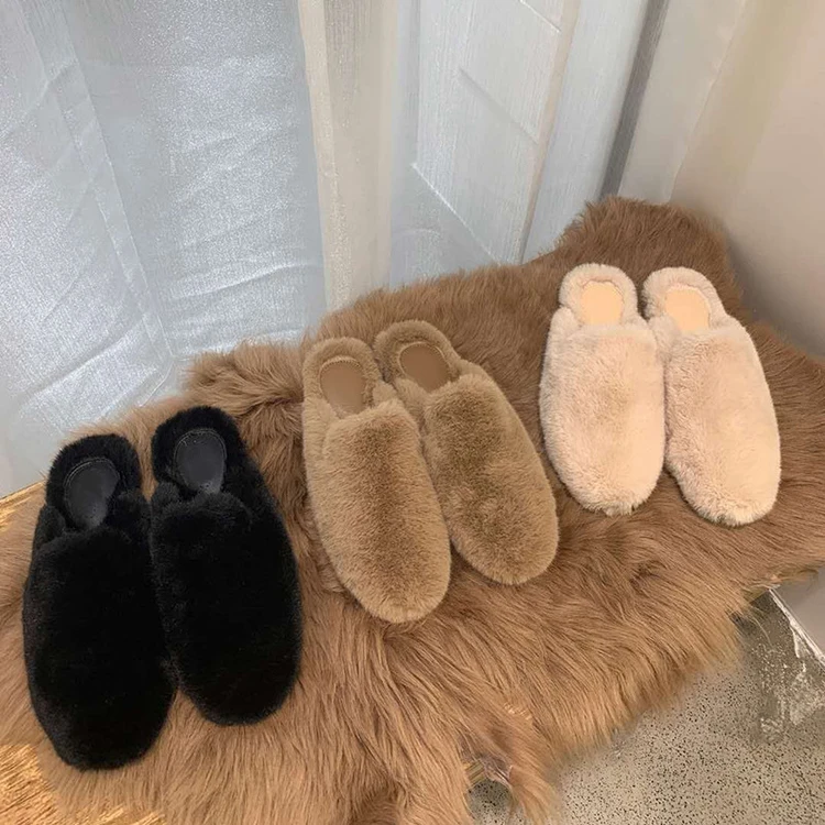 

Fashion Winter Warm Fluffy Faux Mink Mules Flat Slides Closed Toe Loafers Indoor Outdoor Fur Slippers for Women, White,black,brown or as your request