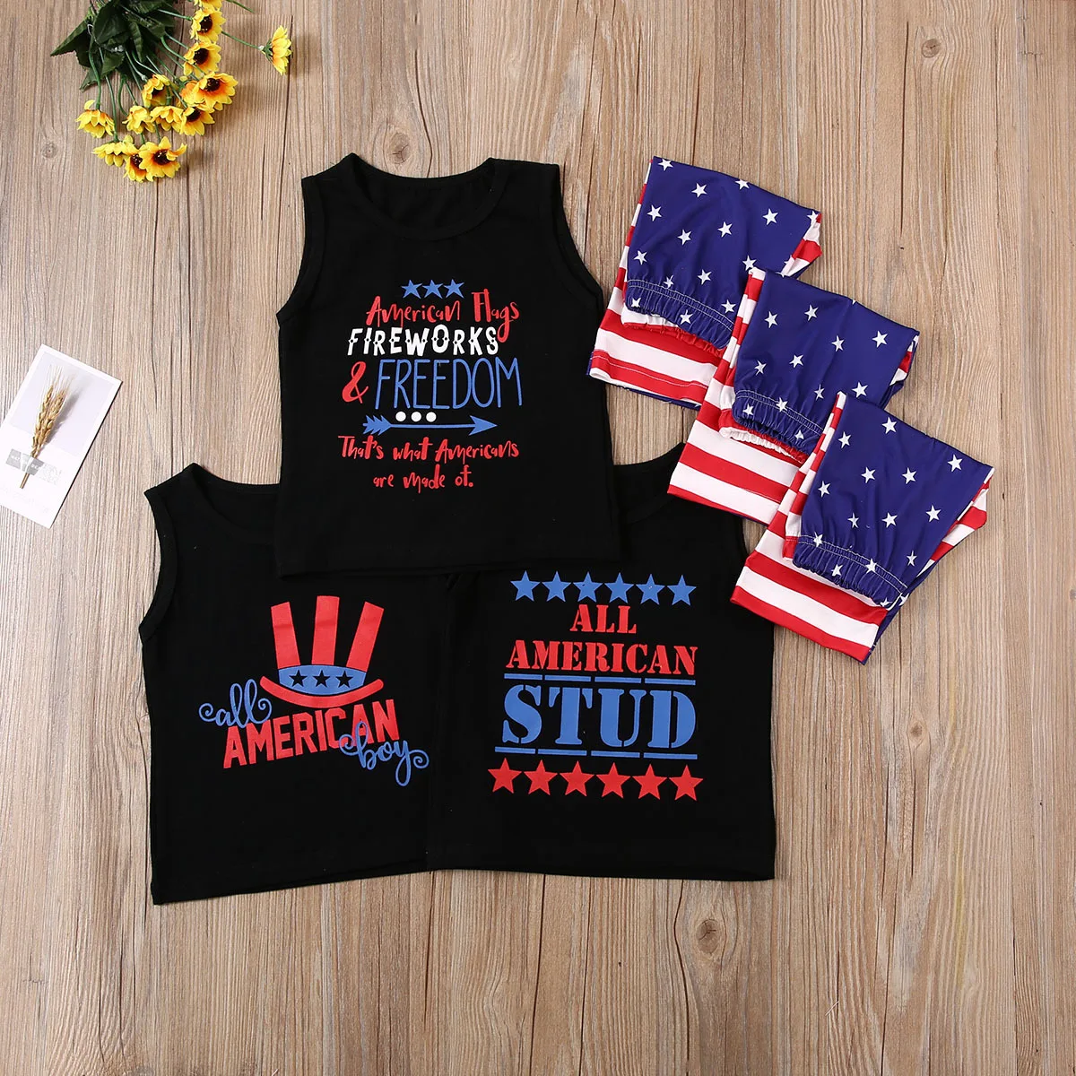 

Customize 4th July outfit Blue toddler baby clothing boutiques Black sleeveless top design girls printed 2 pieces pants set, As picture