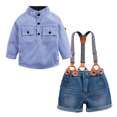 

F20941A Boy's blue striped shirt and denim trouser suit child sets clothes