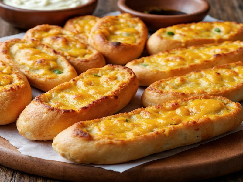 Variety of cheesy garlic bread variations on serving platter