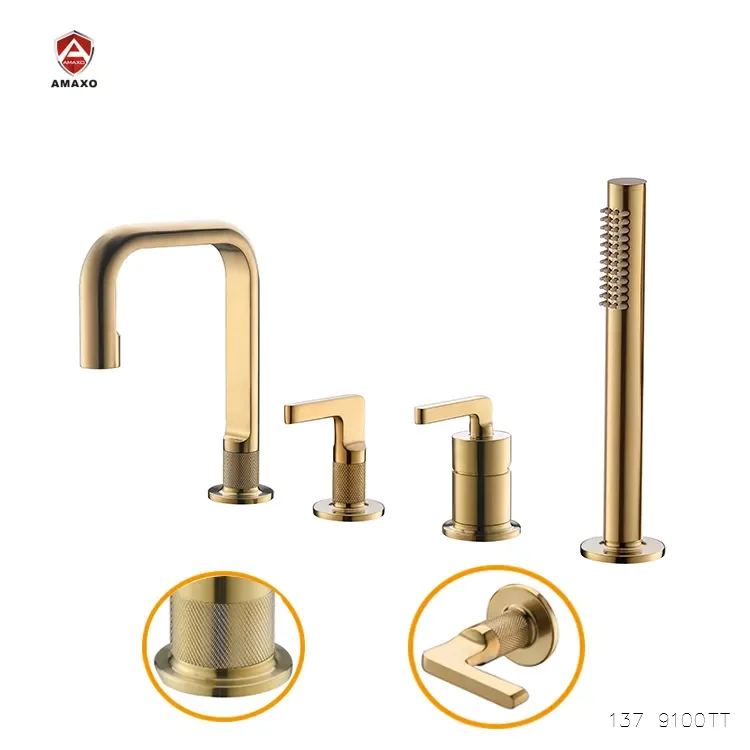 

Multi Specifications Gold Faucet Unique Handles Basin Mixer 4 Holes Bathroom Taps With Shower Head