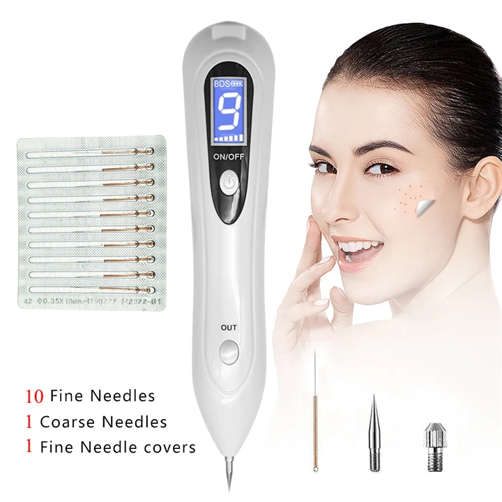 

LCD display 9 adjustable modes mini laser nevus freckles age spot mole removal pen with 10pcs needles, Rose gold, white