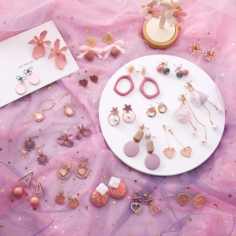 

Korean Fshion Pink Flower Petal Sweet Geometric Earring Simulated Pearl Pendientes Mujer For Women Tassel Ear Popular Fashion
