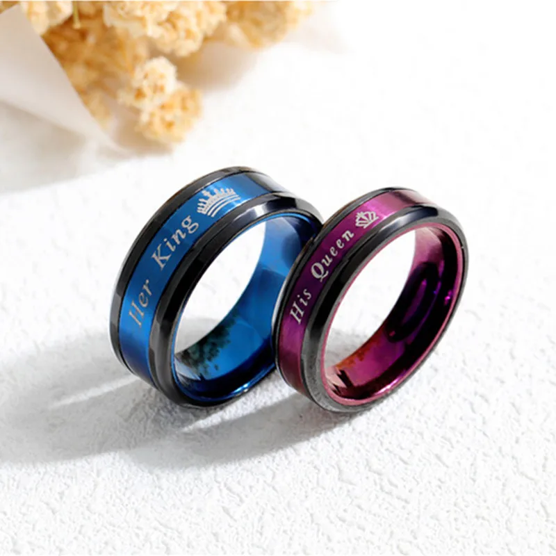 

Her King And His Queen Letter Titanium Ring 316L Stainless Steel Blue Purple Plated Couple Ring Jewelry