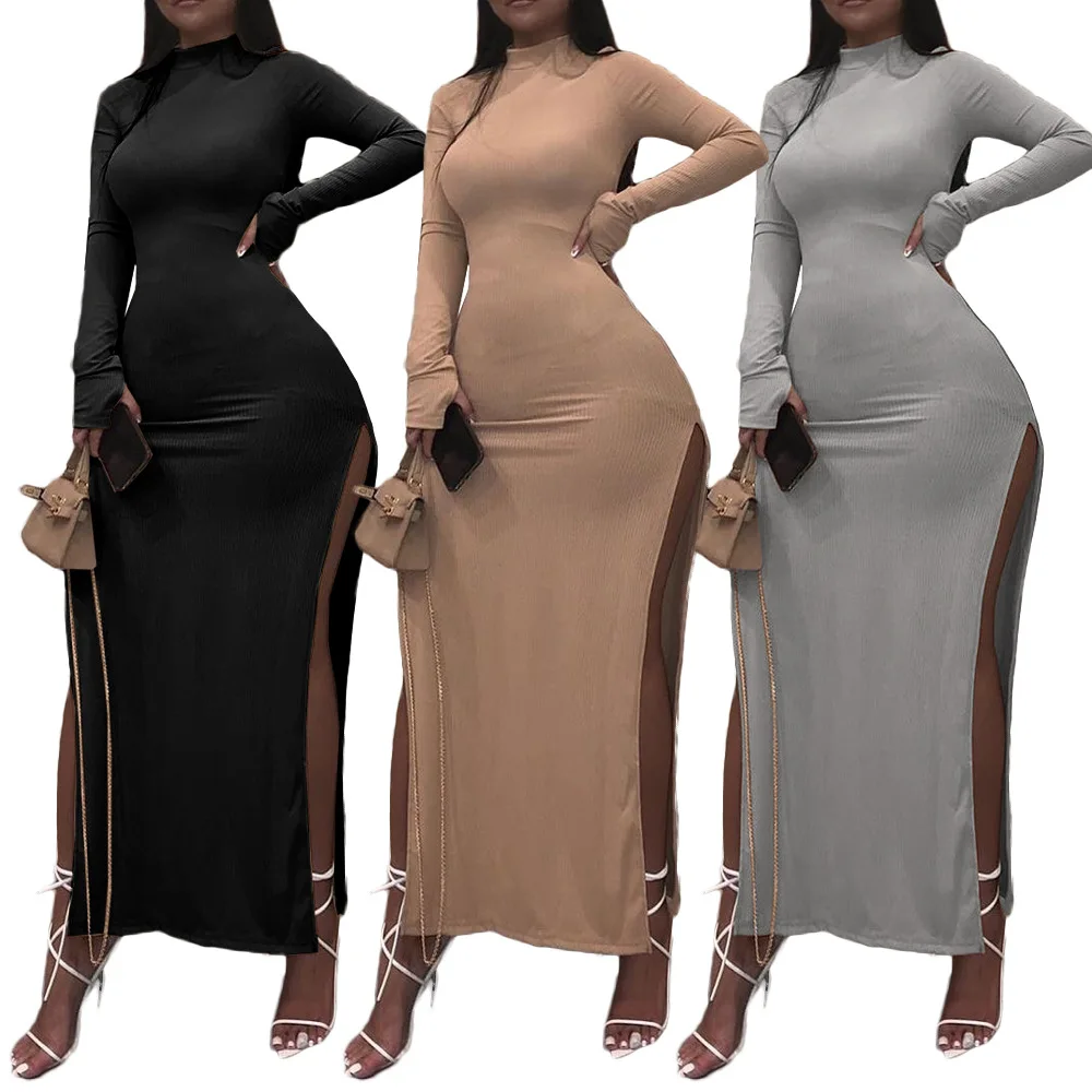 

Wholesale new winter ribbed turtleneck solid color club stylish sexy high split maxi dress long sleeve for women, Photo shows