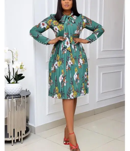 

Classy Autumn Bowtie Printing Floral Pleated Women Office Career Dress, Blue green