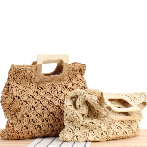 

2021 eco-friendly new hand crocheted large capacity beach tote straw hand bags with wooden handles