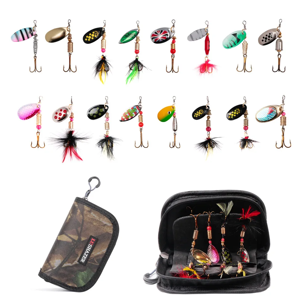 

16Pcs/Set Durable Spinner Composite Baits Fly Hooks Metal Sequin Spoon Lures with EVA Hard Shell Storage Carrying Case Bags, Colorful