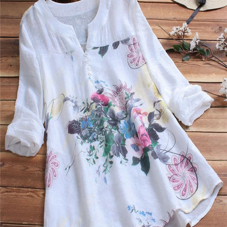

2021 New Women'S Buttoned Cotton And Linen Printed Mid-Length Irregular Plus Size Summer Loose Dresses, Customized color