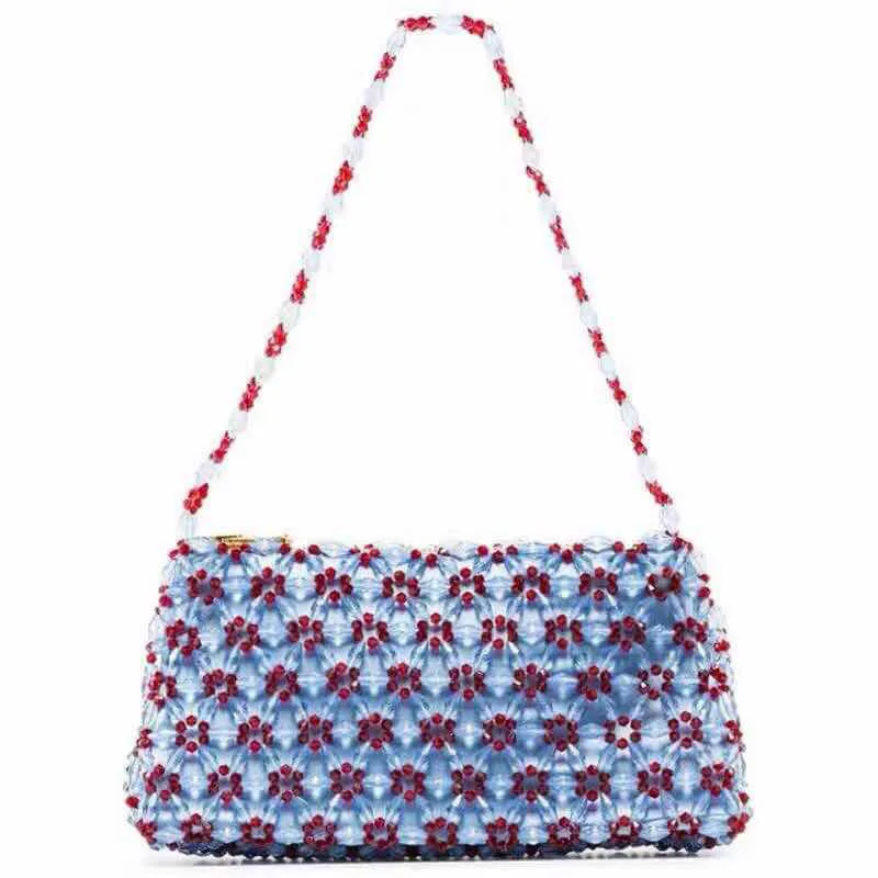 

2021Glass acrylic zipper inner sleeve crystal beading flower Pearl tote