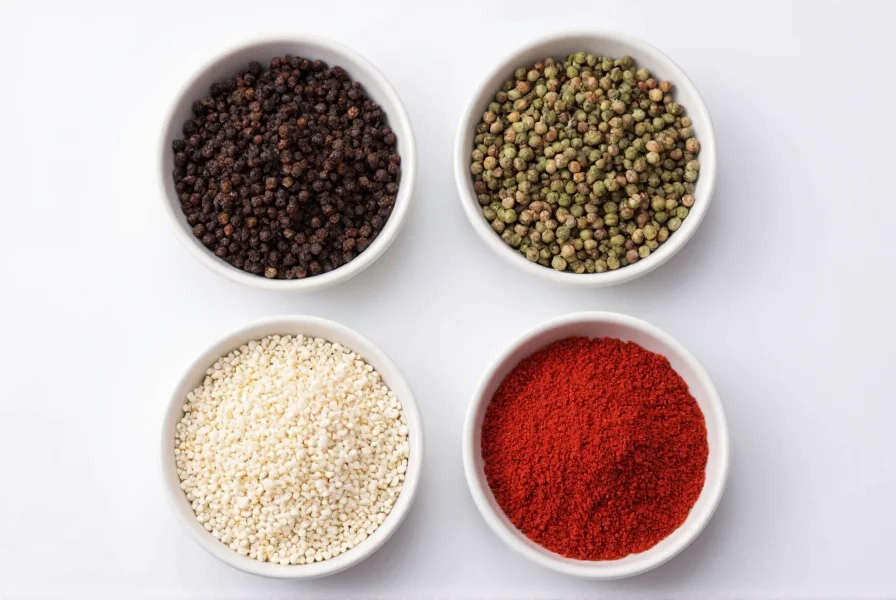 Four small bowls showing black, white, green, and red peppercorns for comparison