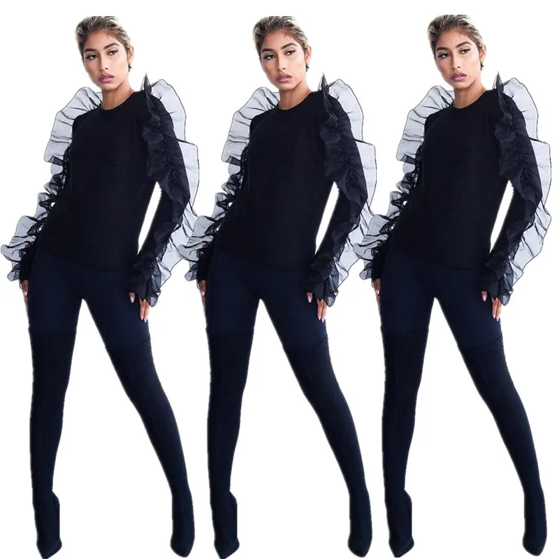 

Mesh Ruffled Long Sleeved Top and Outer T-shirt Plus Size Pullover Sweaters Fashion Wholesale Casual Women's Fall Winter Parkas, Picture